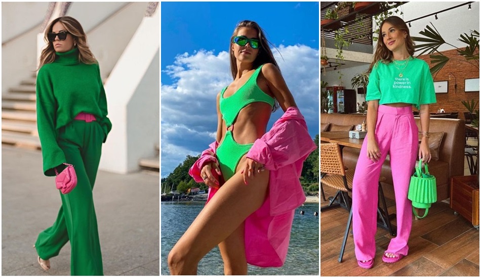 Uma roupa rosa e verde com um top rosa e saia rosa.