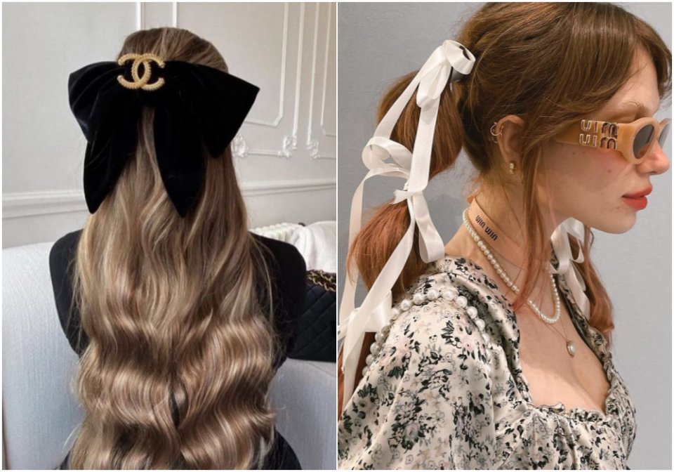 Laço da Chanel e de cetim usados como acessórios para penteado.