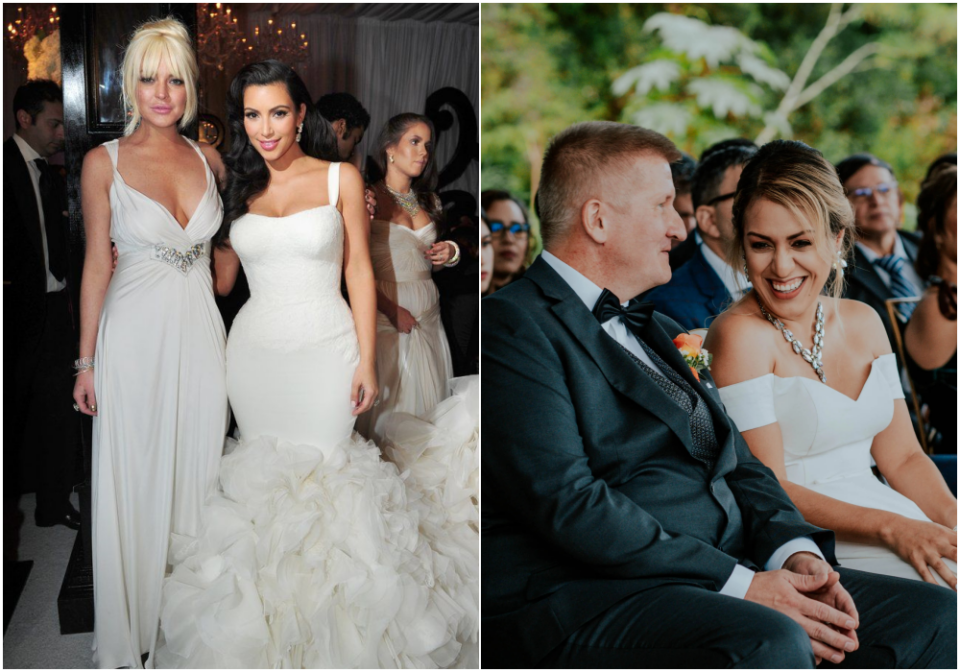 A esquerda, foto do casamento de Kim Kardashian e Kris Humphries em 2011, em que Lindsay Lohan foi de branco. A direita, foto de banco de imagem de uma convidada usando branco em um casamento.